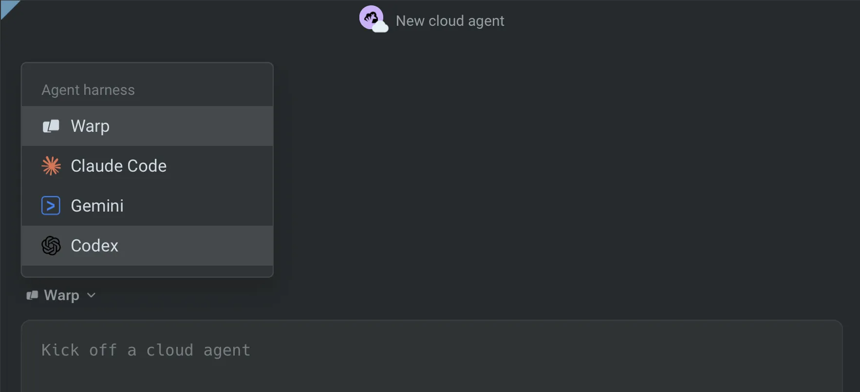 The Warp app Agent harness dropdown showing third-party harness options for a cloud agent.